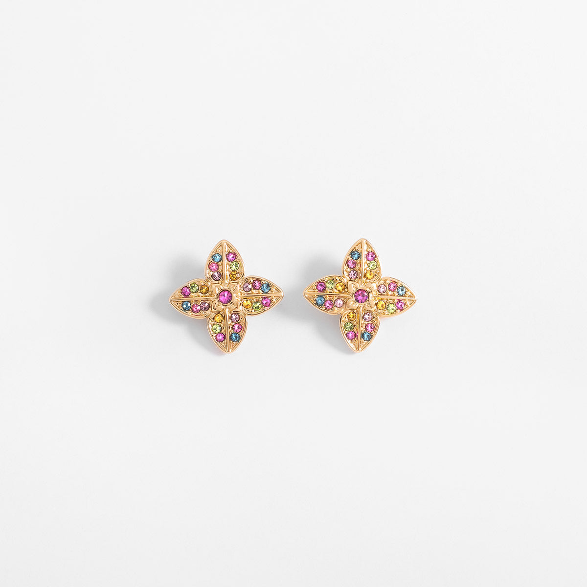 Aretes en baño de oro diseño flor con piedras multicolor, foto 3 de 5